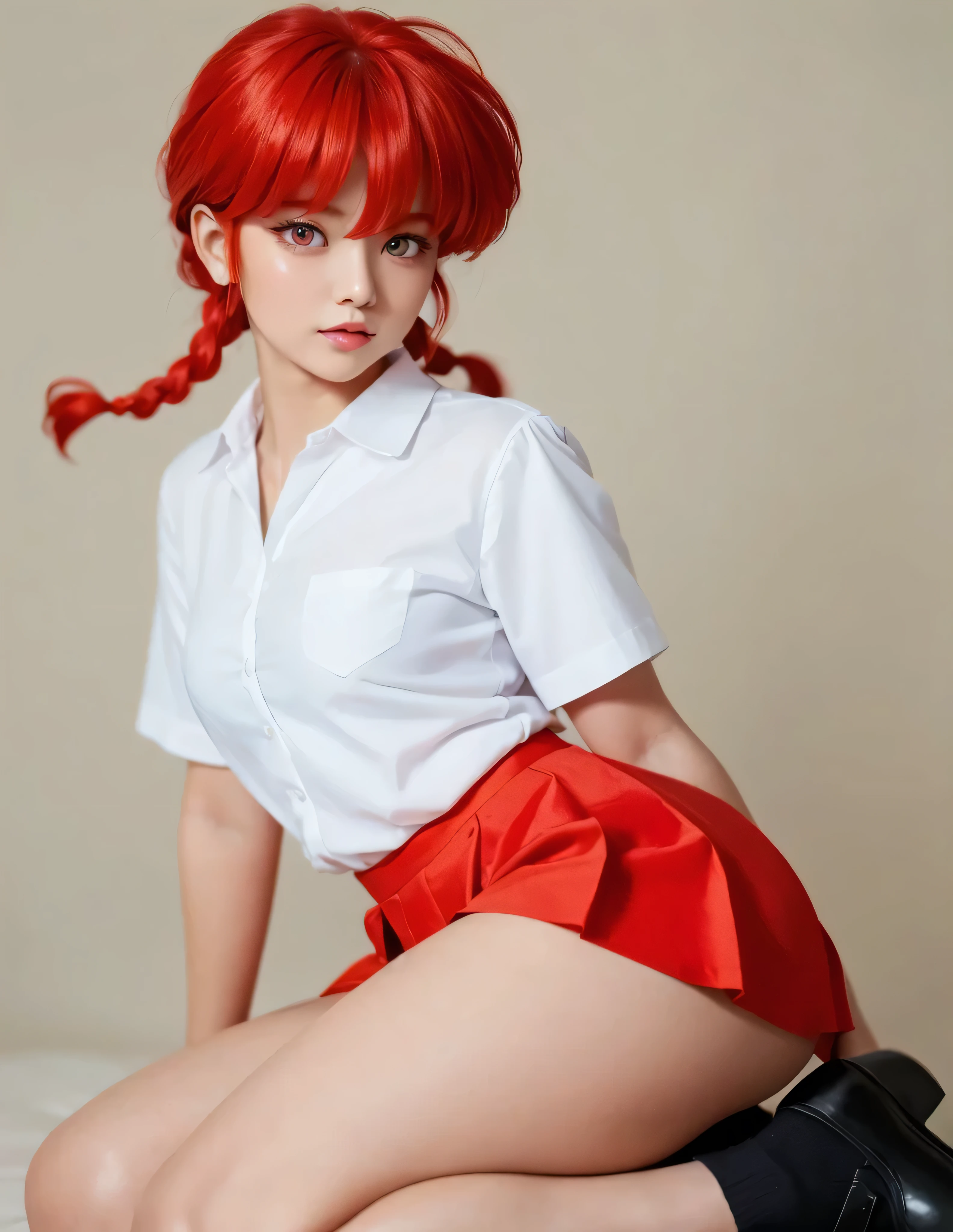 ranma chan, redhead,  A woman  , long straight red hair,  bright and expressive red eyes, she opted for school uniform , a white blouse,  small breasts,  Not suitable for work,   big ass,  thick thighs ,  wide hips , Desde atrás, Chinese doyo ,