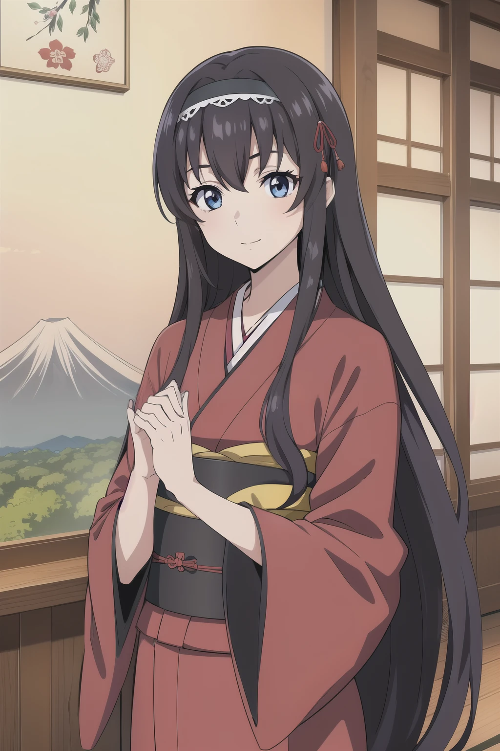 1 girl, cute, black long hair, (hair band), masterpiece, , BREAK, Majestic Mt. Fuji: (Symbol of Japanese beauty: 1.3), (Majestic scenery in the background: 1.2), (Harmony of tradition and nature: 1.2),
, BREAK, The unparalleled beauty of a kimono: (Brilliantly wearing a stately red kimono: 1.3), (Formal style that embodies traditional beauty: 1.2), (Elegant obi and gorgeous patterns: 1.2), , (anime cels style, Masterpiece, best quality, high resolution, anime colored, anime poster style, anime key visual, sharp, 8k), beautiful blue eyes, (perfect detailed anatomy, perfect fingers, beautiful face)