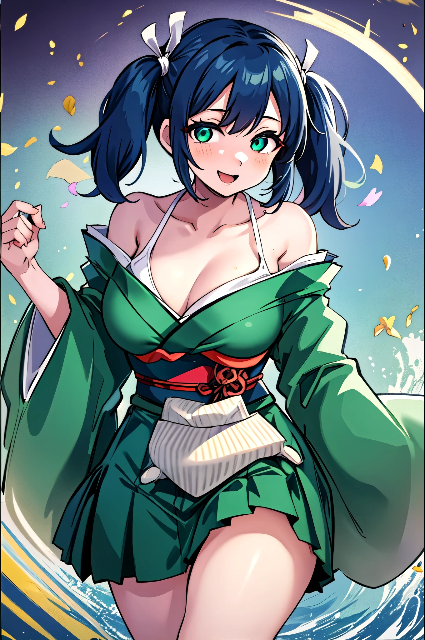  top quality , masterpiece,  high res, Alone, {Canglong_kantaicollection:1.15}, green_hair,  twin tails, ribbon, green_eye, hair_ribbon, chest, , big_chest, open_mouth, smile,  short_hair,  One girl ,  Japanese _Close, kimono,  skirt,  Similarly ,  in rot _in_viewer,  Similarly _ skirt, wide_sleeve ,  Similarly _ short_ skirt