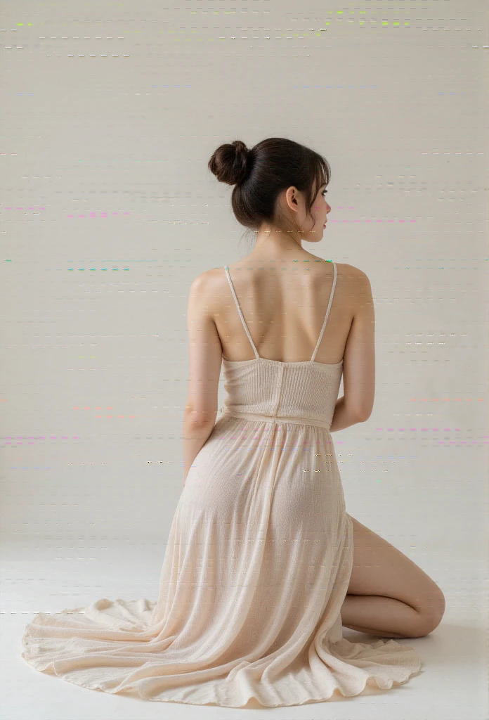  woman face down on her knees wearing a maxi knitted dress, rear view angle completely