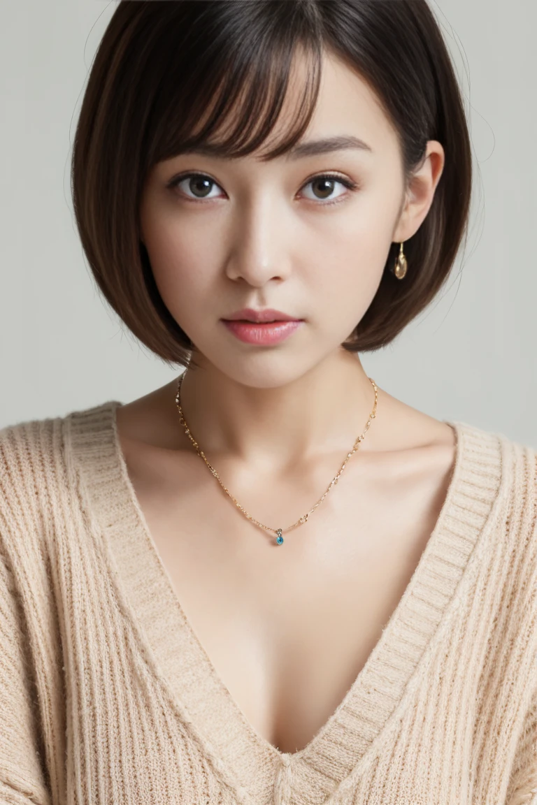 (Highest quality, 8k, 32K, masterpiece, Ultra-high resolution:1.2),Beautiful Japanese Women Photos, Large Breasts, Very short bob hair,Upper Body,Face Focus,Extra Large_sweater, necklace, Simple Background, From above, View your viewers,Illuminated from the front
、Earrings
