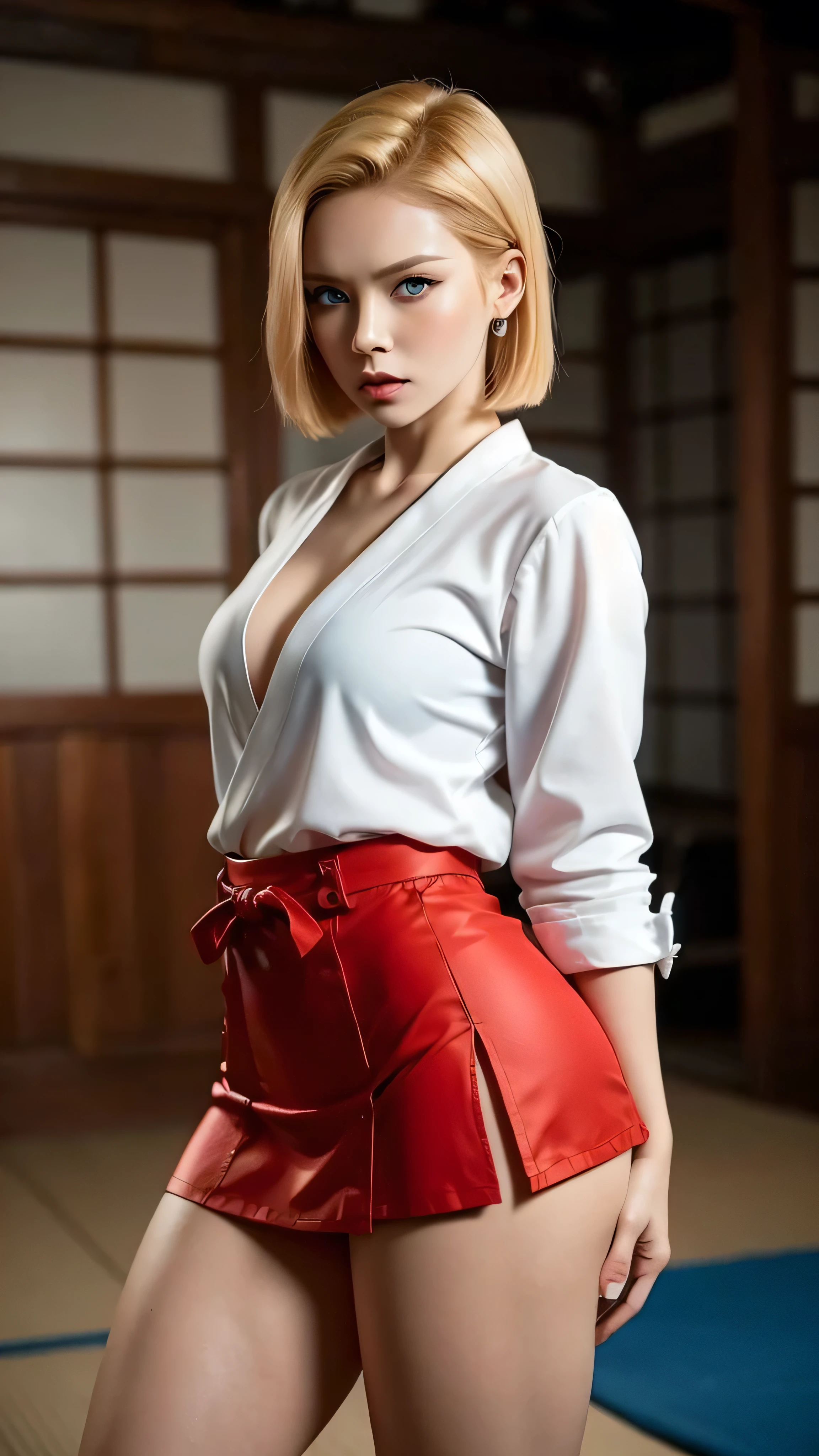 Android 18, redhead,  A woman  ,  short blonde hair and bangs,  expressive blue eyes , mini skirt,  a red Chinese martial arts blouse , pecho pequeño,  Not suitable for work ,   big ass,  thick thighs ,  wide hips, Desde atrás