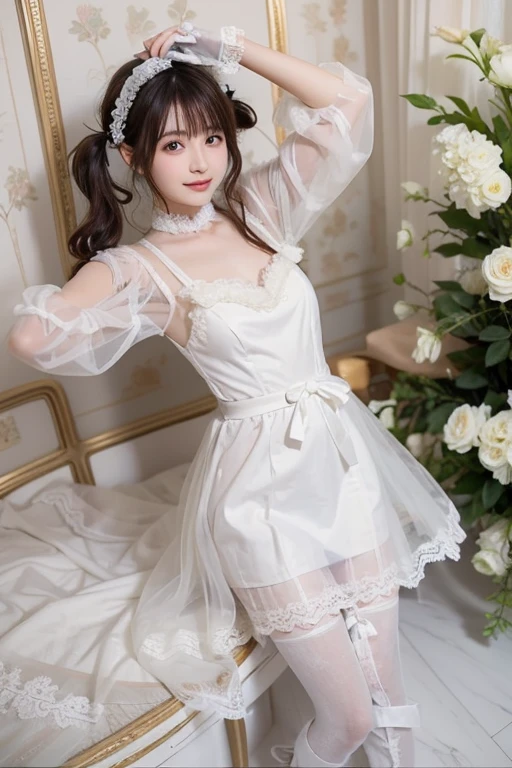 Japanese model posing in a white see-through dress and boots、lace maid dress , Twin tails white_ gloves,  white fluffy clothes , Maid outfit, Beautiful dress in white,  Maid Dress,  elegant and charming cosplay ,  Cute Like an Angel , 、 Dress camera looking at camera 、 Detailed Beautiful Eyes 、 cute smile、 a soft and gentle expression 