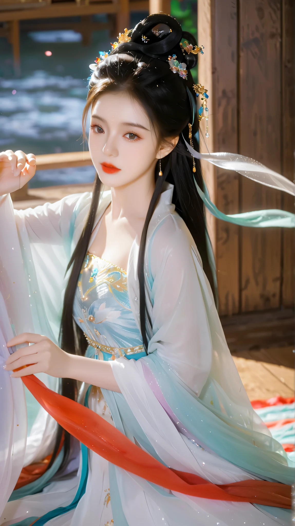  Best Quality  at best,  super high resolution, ((( 1 girl))),(Long black hair), Game Fairy, Old Palace , Dahong Hanfu , ,  Elegant Light Yarn , jewelry, (focus), ((( colorful))), particle effects , masterpiece,  Best Quality  at best, Beautiful painting, meticulous,   Very detailed , (masterpiece,  Best Quality  at best）  CG Uniform 8K Wallpaper，masterpiece， Best Quality ， super detailed）,  Ultra HD，Clear face