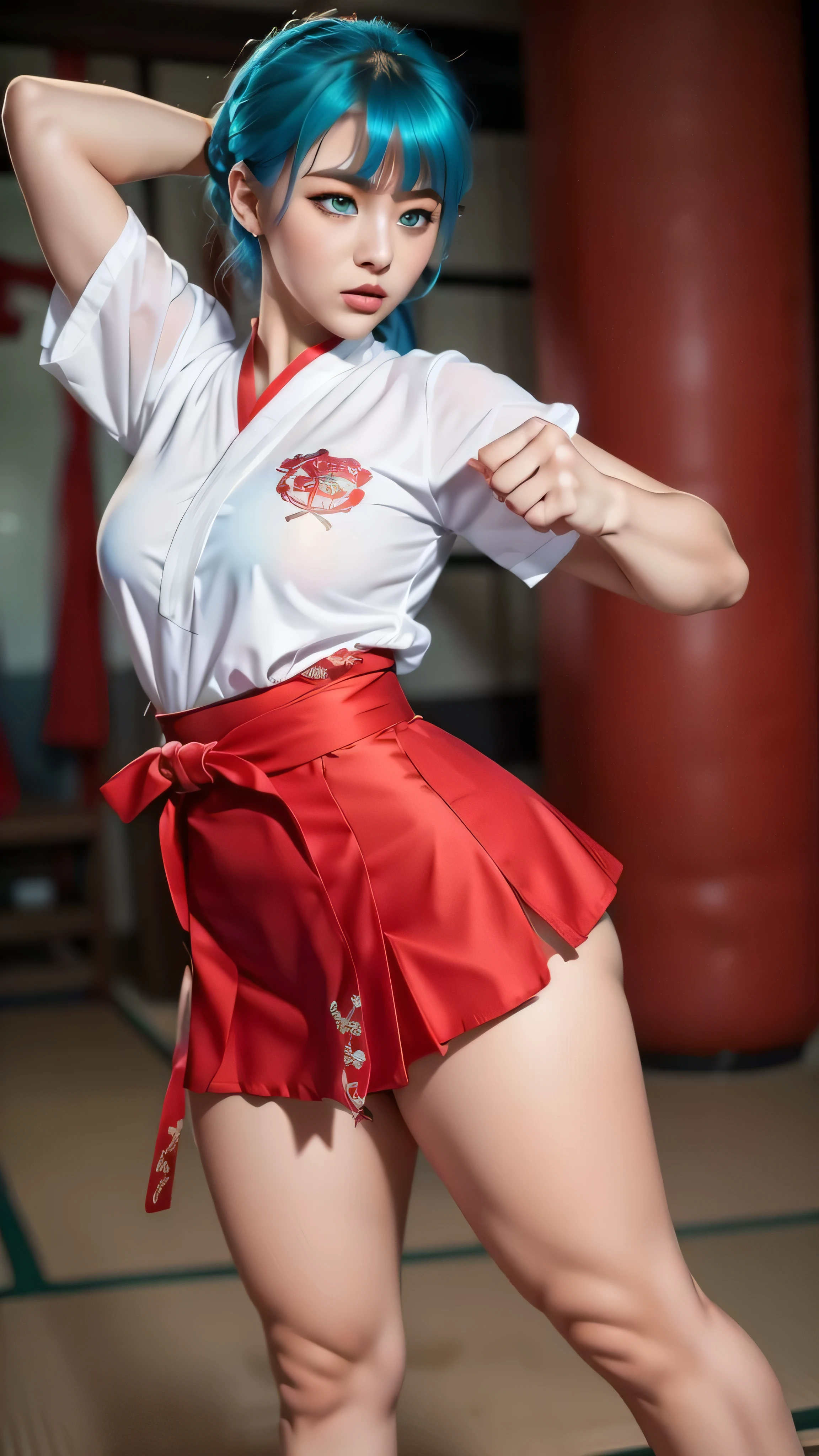 Bulma, bluehead,  A woman  ,  large blue hair and bangs,  expressive blue eyes , mini skirt,  a red Chinese martial arts blouse , pecho pequeño,  Not suitable for work ,   big ass,  thick thighs ,  wide hips, Desde atrás