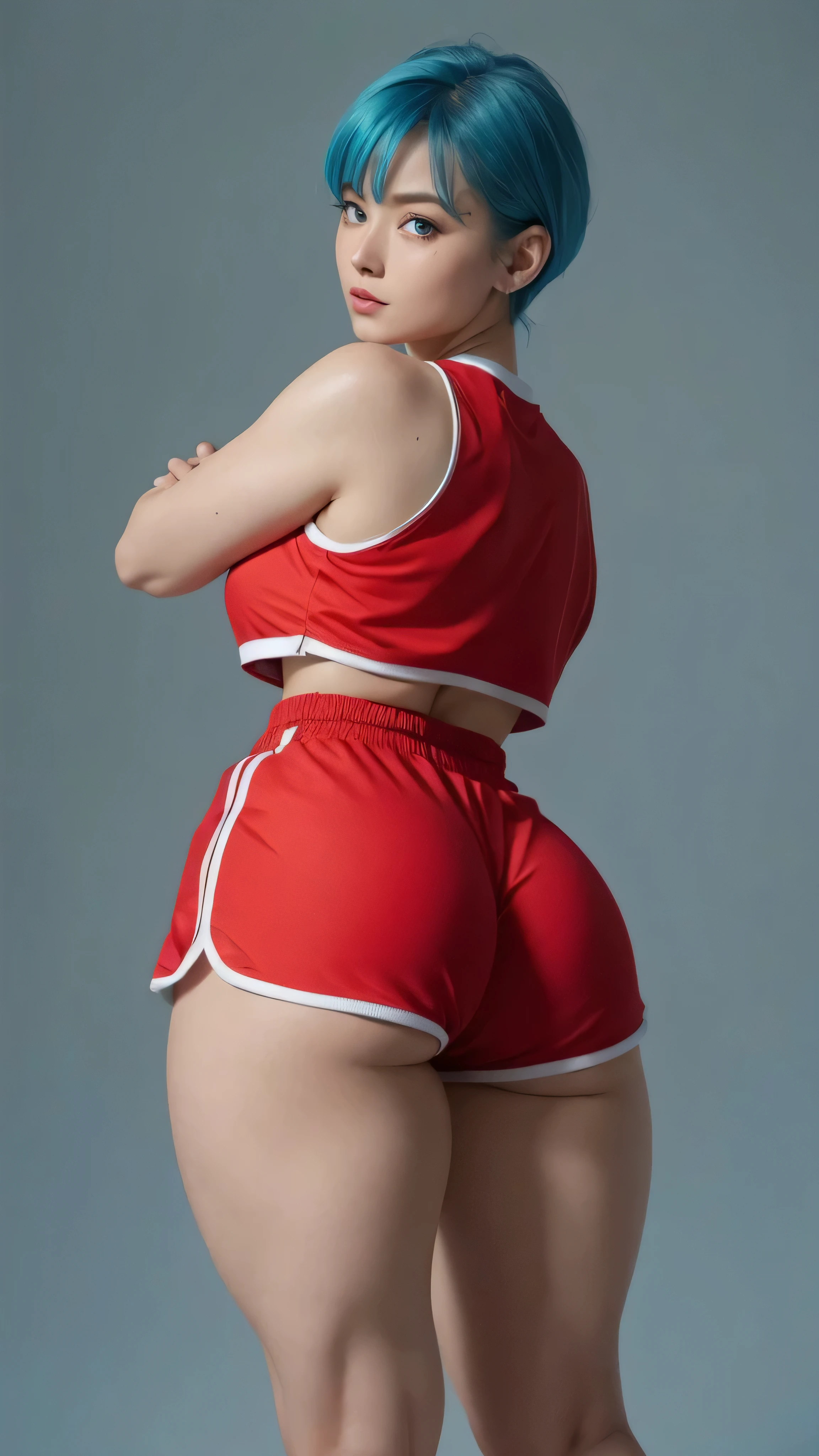 Bulma, bluehead,  A woman  ,  large blue hair and bangs,  expressive blue eyes , sport shorts,  a red Chinese martial arts blouse , pecho pequeño,  Not suitable for work ,   big ass,  thick thighs ,  wide hips, Desde atrás