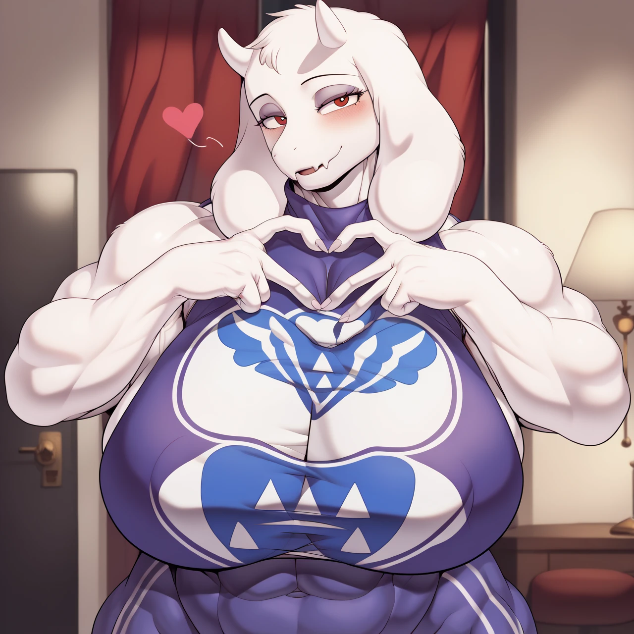 Toriel (Undertale), art style by cervina7 on Twitter, masterpiece, ultra high quality, ultra high resolution, 1girl, 1milf, female, solo, white skin, white fur, red eyes, goat, (detailed beautiful faces), (perfect anatomy), (perfect hands), (perfect fingers), (Five fingers), big breasts, huge breasts, gigantic breasts, big muscles, huge muscles, gigantic muscles, big abs, huge abs, big muscles legs, huge muscles legs, muscular female, bodybuilder female, muscular mommy, big mommy, tall mommy, big biceps muscles, huge biceps muscles, gigantic biceps muscles, muscles veins, muscles veins on biceps, seductive face, seductive smile, view at viewers, look at viewers, 4-finger heart hands, heart hands, blushing, living room background