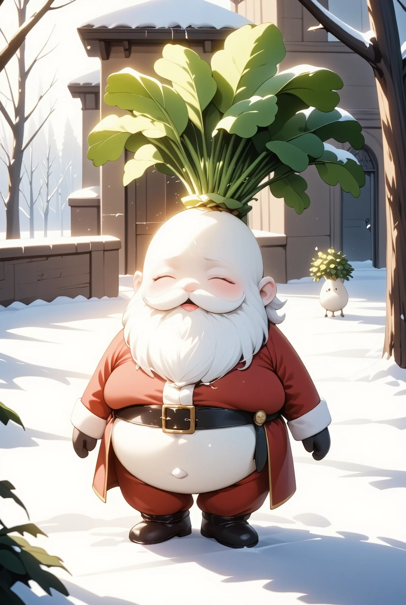 A living Daikon radish dressed as Santa Claus, Universe, Beautiful sunlight shining through the trees in the garden, Stylish scenery of Bologna, European pastoral atmosphere, Very nice location, Anthropomorphic Daikon radish illustration, New snow, Illustration with a few descriptions like Alphonse Mucha's, Originality, Christmas illustration, city, A living Daikon, radish with a pretty face, Daikon radish with happy face, Gifts and Snowy Landscape, comune, white radish