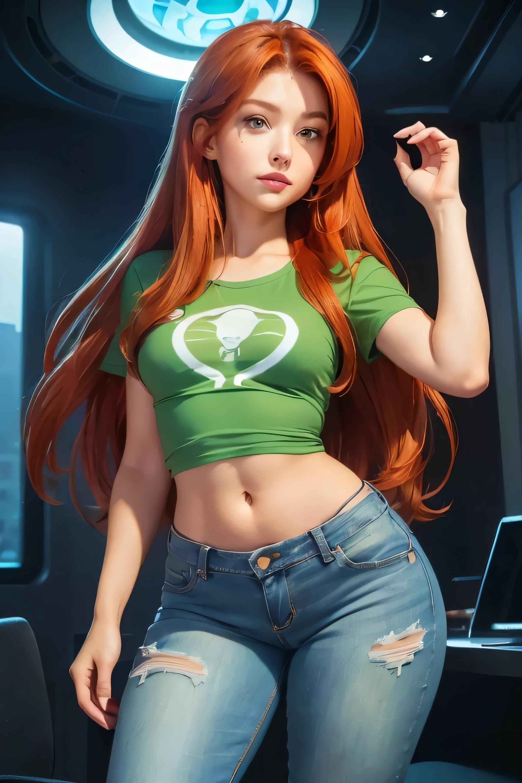 ((Solo)) ((Masterpiece)) ((High Quality)) ((Perfect Face)) ((Small Breasts)) ((Wide Hips)) ((Narrow Waist)) ((Beautiful)) ((Auburn Hair)) ((Long Hair)) ((Light Skin)) ((Cute Nose)) ((Green Eyes)) ((Young)) ((UFO Tee Shirt)) ((Jeans)) ((sci-fi Geek))