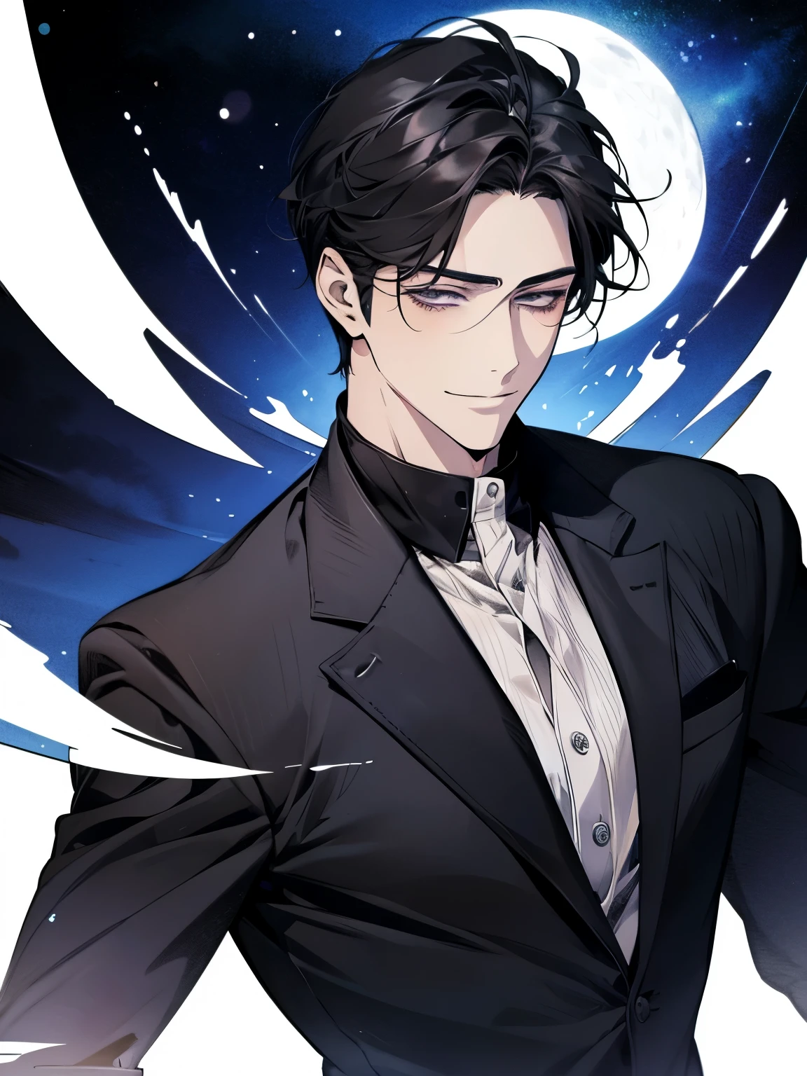 Alone, A man with black hair and dark eyes in an anime illustration, clean animated outlines , Side part bangs like a normal man , medium length hair, animated portrait of a handsome man, male anime style , An expression with a sneaky smile .