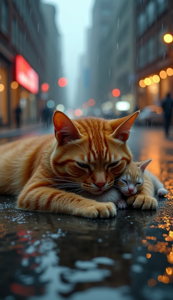 "A hyper-realistic cinematic scene of an orange tabby mother cat lying on a wet city street during heavy rain, surrounded by her newborn orange kittens who are nursing. The mother cat's fur is wet and clumped, dripping with rainwater, and her expression is one of exhaustion, protection, and quiet strength. The kittens are visibly wet, with their tiny bodies clinging to the mother as they feed. The street reflects the rain, with puddles showing ripples from raindrops falling from the sky. The background features tall urban buildings fading into a blurred, rainy haze, with glowing city lights and a warm sunset glow breaking through the dark, rainy atmosphere. The lighting creates dramatic contrasts, highlighting the wet fur of the cats, the vibrant orange of their coats, and the reflective wet ground. The overall mood is melancholic yet hopeful, with cinematic attention to detail and depth."