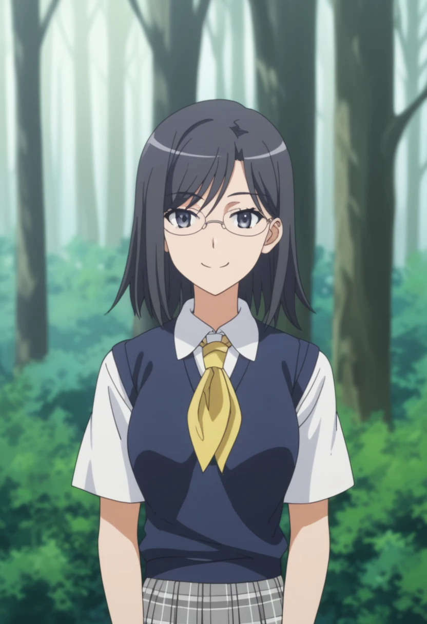 score_9、score_8_up、score_7_up、score_6_up、score_5_up、source_anime、rating_safe、smile、indoor、 One girl 、solo、 stares at viewers in the falling forest、、thousand kronor、 black hair、 Shorthair、 dark eyes、Glasses、konorischool、 school uniform、Short sleeve、 yellow neckerchief、 white shirt、 collared shirt 、 armband、Blue sweater vest、untucked sweater 、gray skirt、 pleated skirt、 white socks、 loafers without pants、、 his eyes are half closed 、( upper body:1.2)