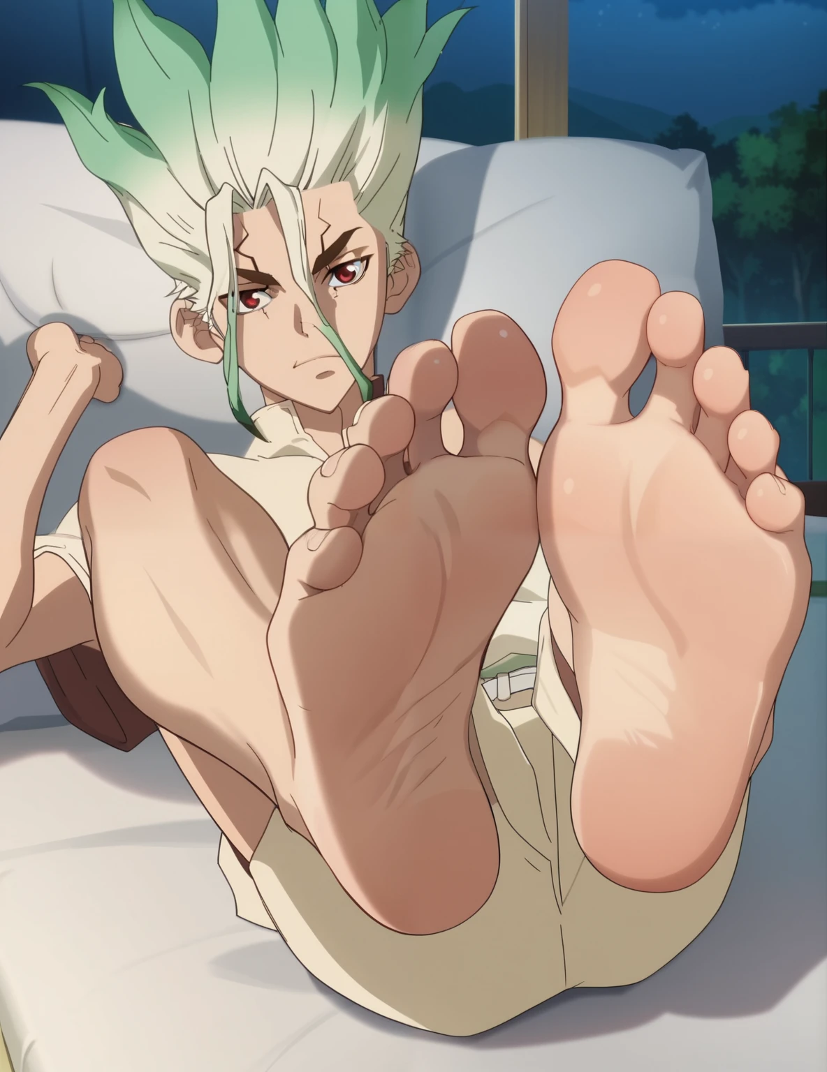 Source_anime, score_9, score_8_up, score_7_up, anime screencap, 8k, absurd res, Senkuu Ishigami, 1boy, solo, official style, barefoot, foot focus, in his room, looking at viewer, lying on the bed, lifting legs to show his soles, from above, Alone, cowboy shot, anime coloring, Perfect feet，Anatomically correct，soles，Focal length 35mm, Five toes，front，Symmetrical Soles, night,