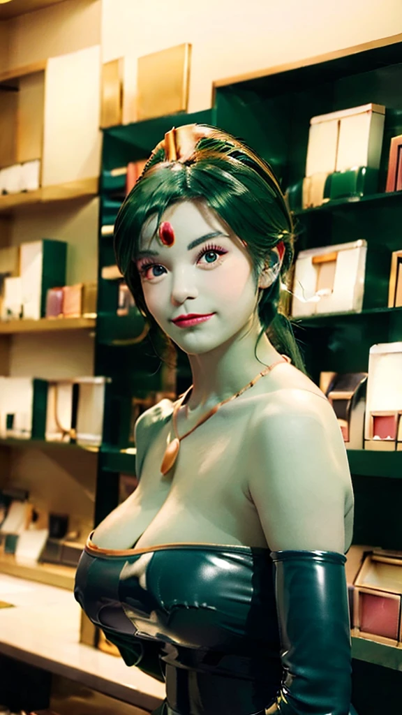 (masterpiece, top quality ,Ultra delicate,  perfect face,16k,   high res ,   very beautiful women,raw photo,cute), Heavy makeup:1.3,  deep green hair  ,  Blue Latex Bodycon Dress ,   Long Blue Latex Gloves  , Light Green Tights ,  Big Breasts , Tall Cylindrical Gold Headpiece ,   blue-white skin, Red gem on forehead, ((Cosmetics counter  )),   necklace,  smile ,  cowboy shot