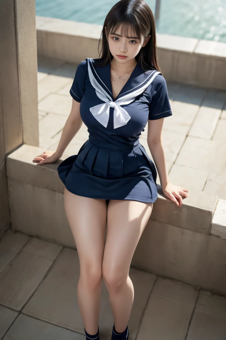 1 girl, charming, Dark brown hair, , Smile, It looks very, Sailor Suit, photography, Practical, best quality, Delicate face, Whole body love, slim, slim legs, Long legs, Knee socks, Delicate face，Perfect face，White skin，Huge breasts，Perfect breasts，Long and slender legs，Pantyhose，Kneeling on the carpet in the luxurious lobby，Put your hands behind your back，A well-behaved and obedient daughter，Will not refuse，Happy expression，Gentle and obedient personality、Absolutely obedient，Infinite doting，Happy expression，Gentle and obedient personality、Obey everything，maternal love，Unlimited pampering，Will not refuse，Gentle and obedient personality、Obey everything，Sit down under，Submissive character，Obey everything，Likeable，Giving personality and Likeable personality，Absolute obedience，Willing to give everything、Likeable，Waiting for command full body view