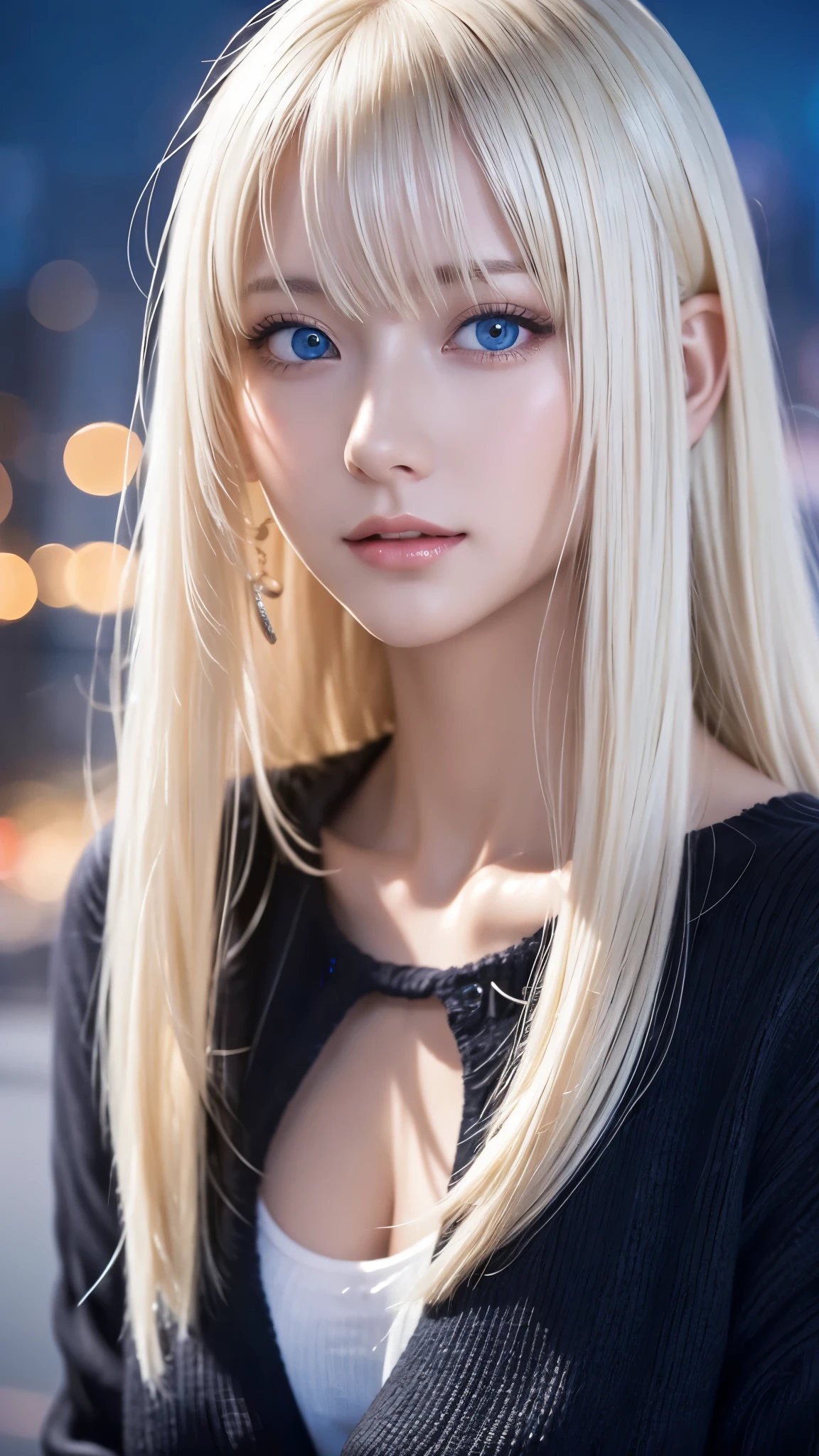 Platinum Blonde Silky Hair、masterpiece、Best Quality、High resolution、Highly detailed photos、Professional Lighting、(((Tops)))、Bangs between the eyes、Hair above the eyes、片Hair above the eyes、Mid-face hair、Strike a Pose、Portraiture、Bright expression、like々White, radiant skin、Great looks、Blonde reflection、Platinum blonde hair with dazzling highlights、Bright and shiny hair,、Long Straight Hair、Beautiful sparkling bangs、Sparkling、Clear、Attractive big blue eyes、so beautiful, Lovely and cute girl、Bust of a Rich Man、(Black tight knitwear),Night cityscape