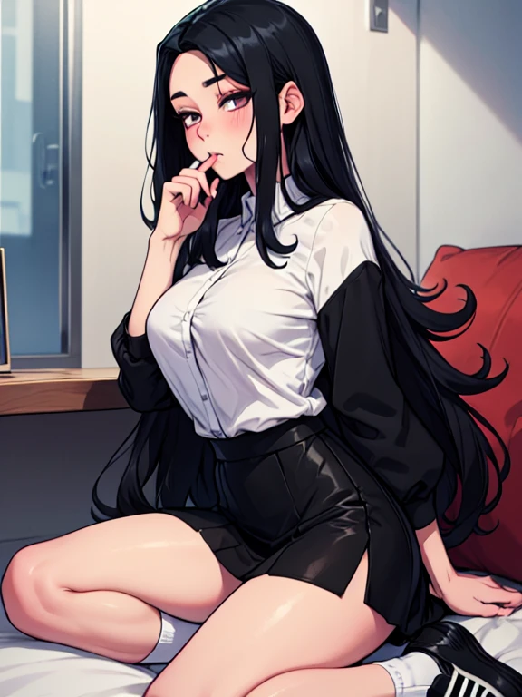 a large amount of fluid is overflowing，（Long black hair）：1.3，beatiful detailed eyes，Perfect proportions，eyes with brightness，Light makeup，choker necklace，ear jewelry，Pink and moist lips），sexy beauty in one room，Office room，On a computer desk，Sexy Backless Sweater，Elegant and beautiful hairpins，white wavy curare legs and high heels，Spread your legs apart，a large amount of fluid is overflowing，（（8K，tmasterpiece，realisticlying），（Hyper-detailing，ultraclear，naturey，full-body view），