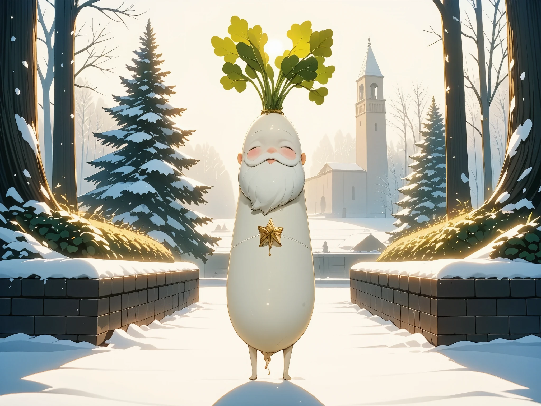 A living Daikon radish dressed as Santa Claus, Universe, Beautiful sunlight shining through the trees in the garden, Stylish scenery of Bologna, European pastoral atmosphere, Very nice location, Anthropomorphic Daikon radish illustration, New snow, Illustration with a few descriptions like Alphonse Mucha's, Originality, Christmas illustration, city, A living Daikon, radish with a pretty face, Daikon radish with happy face, Gifts and Snowy Landscape, comune, white radish