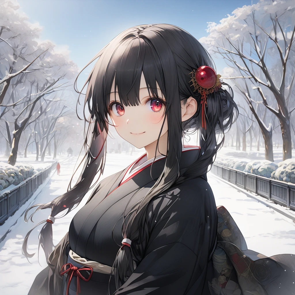 ( One girl ),yuzuki yukari,, black hair, black eyes,smile,blush、short hair, (long sidelocks:1.5), ( small tits:1.5),(Black kimono:1.5),stand、blue sky,Park Walkway、snow、front、( cowboy shot:1.5)、( perfect anatomy ),( best quality), ( ultra hi-res), (超 high definition ), ( Highly Detailed CG), (32K), (masterpiece)、eyesHD, heterochromia, red eyes, left eye red, green eyes, right eye green,