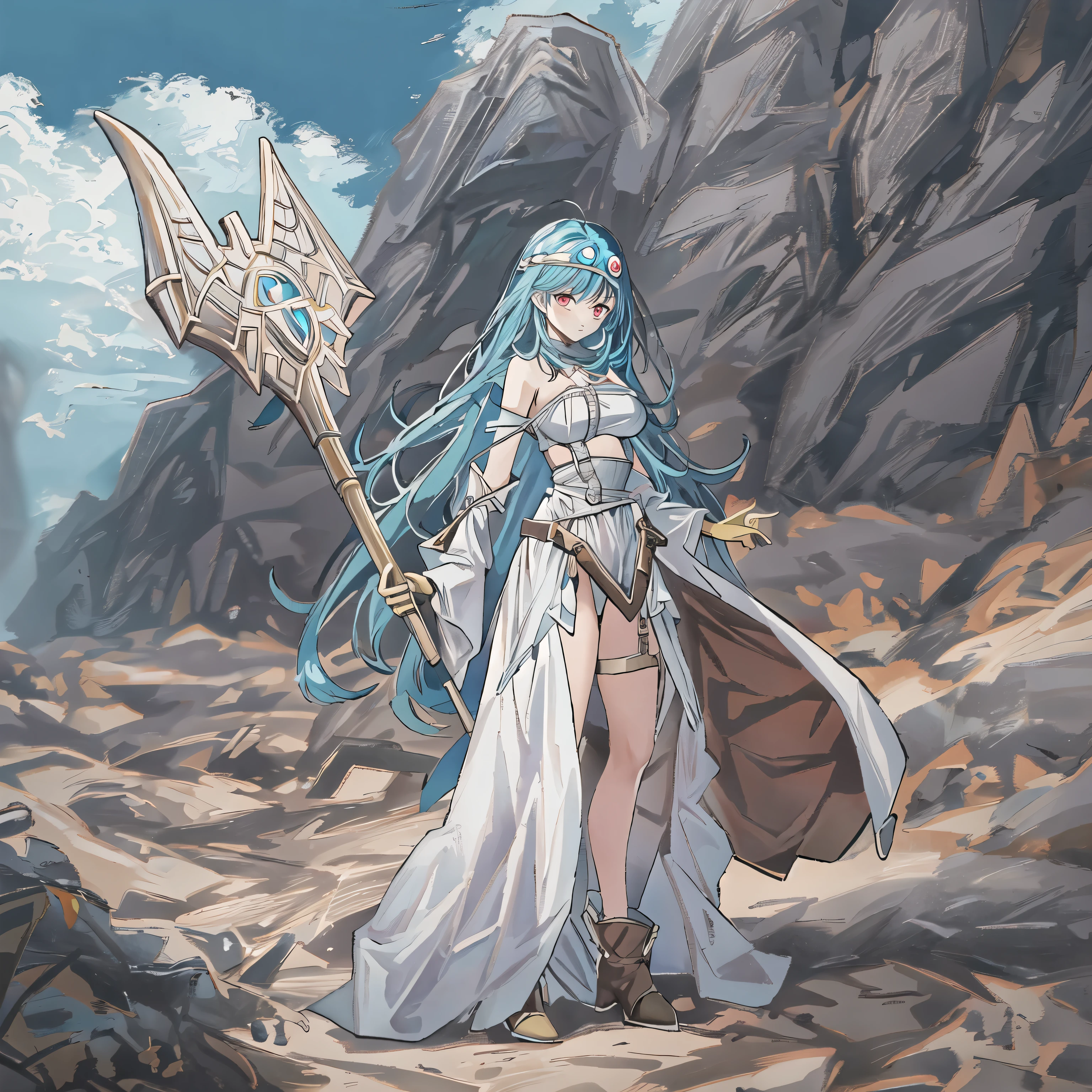  top quality , ,_(dq3),  girl, (holding staff, staff:1.3), Alone,  long hair,  blue hair,  circlet, red eyes, Normal Breasts, YELLOW GLOVES , white dress,  belt bag , Cape,  long boots,  clevis on a stone,  shoulder out, underwear,  standing, whole body, Guiana Highlands, Wind lift,  background:Wilderness white 、 sexy、 Big Breasts 、 juicy thighs、 cute face、 magic before the Ice Castle、 slime 、Sage、fight、(Monsters attack、Battle、Big Magic、Gigadein)、