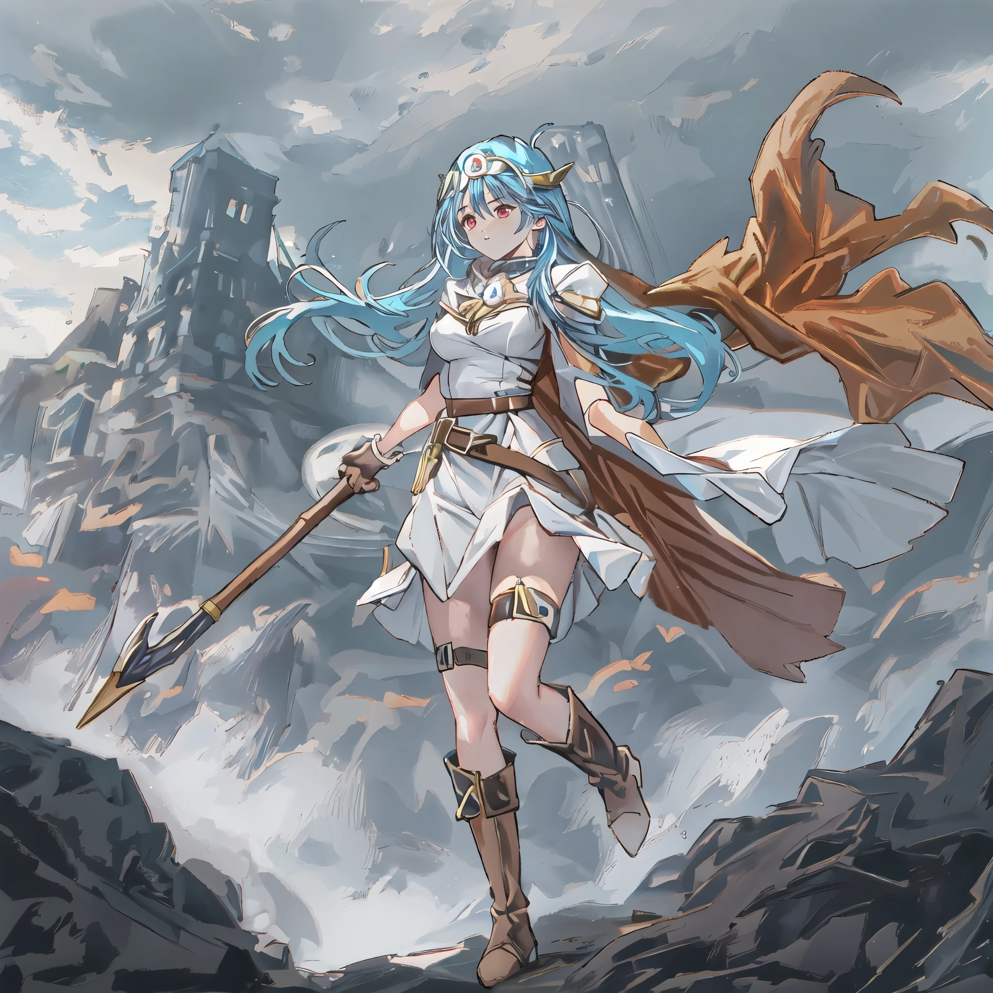  top quality , ,_(dq3),  girl, (holding staff, staff:1.3), Alone,  long hair,  blue hair,  circlet, red eyes, Normal Breasts, YELLOW GLOVES , white dress,  belt bag , Cape,  long boots,  clevis on a stone,  shoulder out, underwear,  standing, whole body, Guiana Highlands, Wind lift,  background:Wilderness white 、 sexy、 Big Breasts 、 juicy thighs、 cute face、 magic before the Ice Castle、 slime 、Sage、fight、(Monsters attack、Battle、Big Magic、Gigadein)、