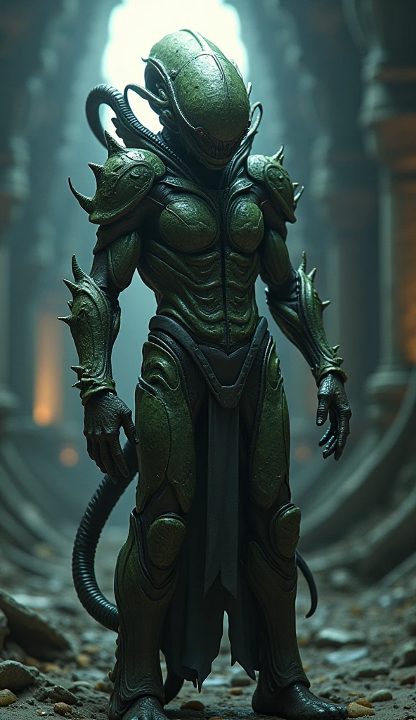 ((combat action pose)), award winning portfolio portrait photograph, mutated alien worrier (screaming with rage:1.3) and holding an advanced laser rifle, needle sharp teeth, evil hideous facial features, multiple eyes, slick soft pallid scaly green skin, wrinkles, black futuristic (biological armor, (bony carapace, filigree, sinew:1.2):1.4), ( in a dilapidated burning office, diffuse smoke, rubble, broken furniture, shattered windows:1.3), masterpiece, realistic, roughness, ultra realistic, photographed on a Canon EOS R5, 50mm lens, muted colors, F/2.8, HDR, 8k resolution, highres, high detail, sharp focus, smooth, roughness, real life, photorealism, photography, 8k uhd,