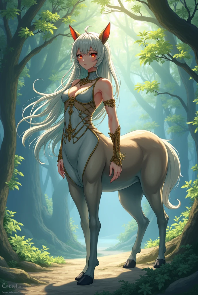 high quality, masterpiece, full body, anime style, plains, forest in background, 1girl, centaur girl, unicorn centaur, mature, sexy, lustful, lustful look, mature, slim and sexy body, white hair, chaste, white horse body, floral decorations, delicate bra, delicate