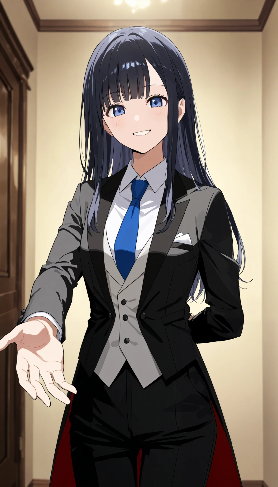 score_9, score_8_up, score_7_up, score_6_up, score_5_up, score_4_up1girl, solo, chika fujiwara,, suit tuxedo , , long hair, bangs, sidelocks, indoors, standing,happy,smile,looking at viewer, cowboy shot, blue tie woman in formal attractive suit tuxedo tailcoat standing in a large alcove in the room, , reaching towards viewer , one hand , badass , hand on back