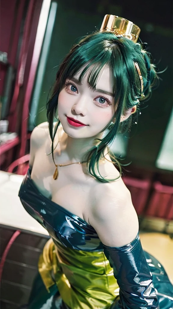 (masterpiece, top quality ,Ultra delicate,  perfect face,16k,   High Definition  ,   very beautiful women,raw photo,cute), Heavy makeup:1.3,  deep green hair  ,  Blue Latex Bodycon Dress ,   Long Blue Latex Gloves  , Light Green Tights ,  Big Breasts , Tall Cylindrical Gold Headpiece ,   blue-white skin, Red gem on forehead, ((Cosmetics counter  )),   necklace,  smile ,  cowboy shot