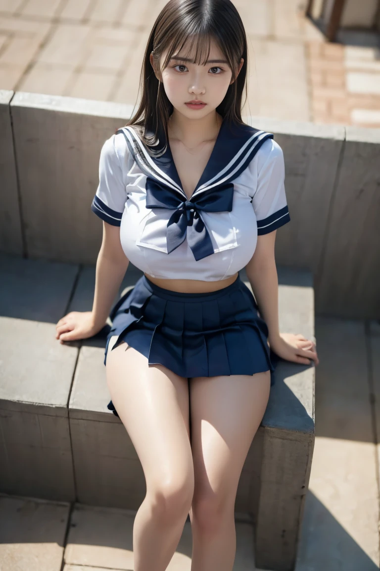 wear Japanese school uniform,wear a sailor、wear a pleated skirt、(show panties)、 ponytail, japanese girl, 8K, huge breasts, highest quality, masterpiece, realistic, Photorealistic super detail, one girl, cute, best smile, beautiful eyes, long hair, perfect face,full body shot