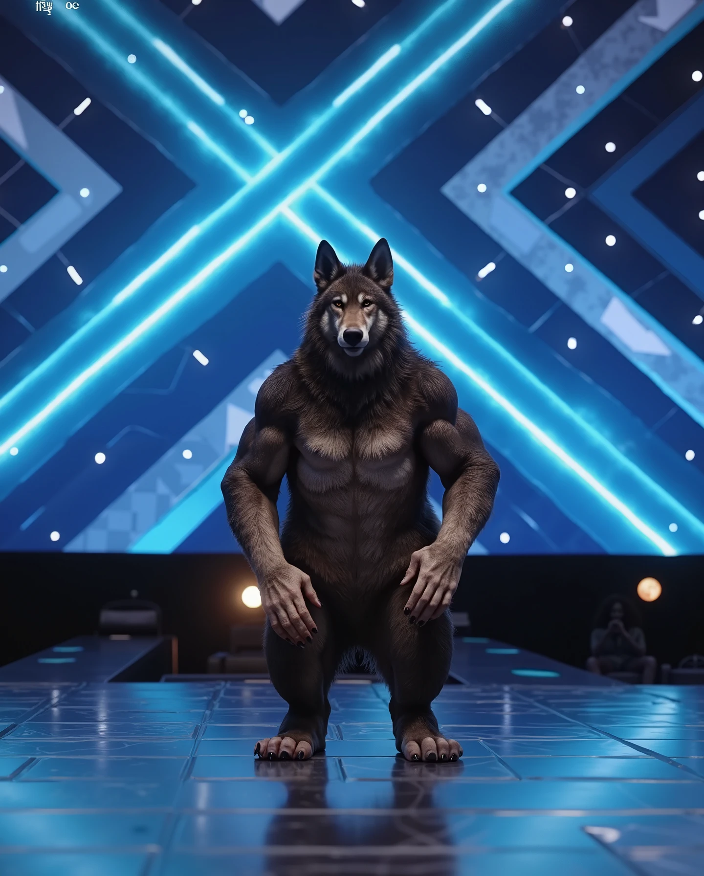 A powerful and strong werewolf, [Lobo poderoso y fuerte], stands in an idle position with his full muscular body on display. His face shows pleasure as he gazes at the viewer, his intricately detailed eyes full of expression. This 3D render boasts the highest quality, showcasing every muscle fiber and delicate detail of his beefy frame. His fur, a mix of light and dark hues, is rendered with unparalleled realism, creating a masterpiece that trends on ArtStation. The dramatic scene is set against a backdrop of a bright room with lens flare effect, adding to the dynamic and expressive feel of this masculine and happy character.