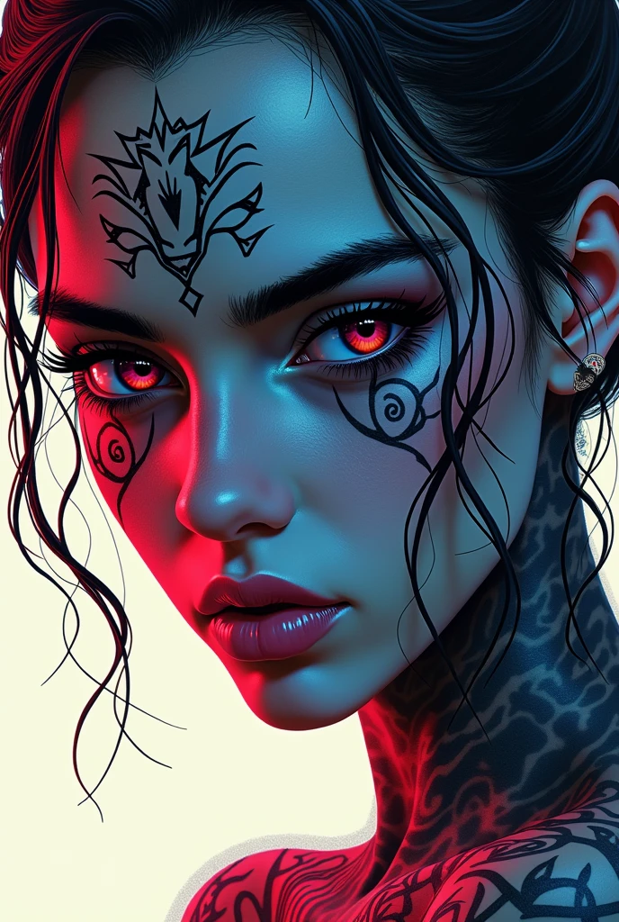 a woman with a body painted like a demon with feathers on her head and body, and a headpiece with feathers on her head, Android Jones, cyberpunk style, cyberpunk art, gothic art