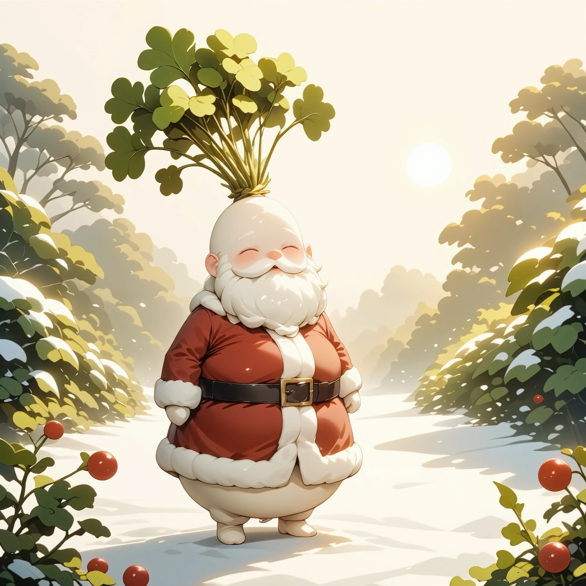 A living Daikon radish dressed as Santa Claus, Universe, Beautiful sunlight shining through the trees in the garden, Stylish scenery of Bologna, European pastoral atmosphere, Very nice location, Anthropomorphic Daikon radish illustration, New snow, Illustration with a few descriptions like Alphonse Mucha's, Originality, Christmas illustration, city, A living Daikon, radish with a pretty face, Daikon radish with happy face, Gifts and Snowy Landscape, comune, white radish