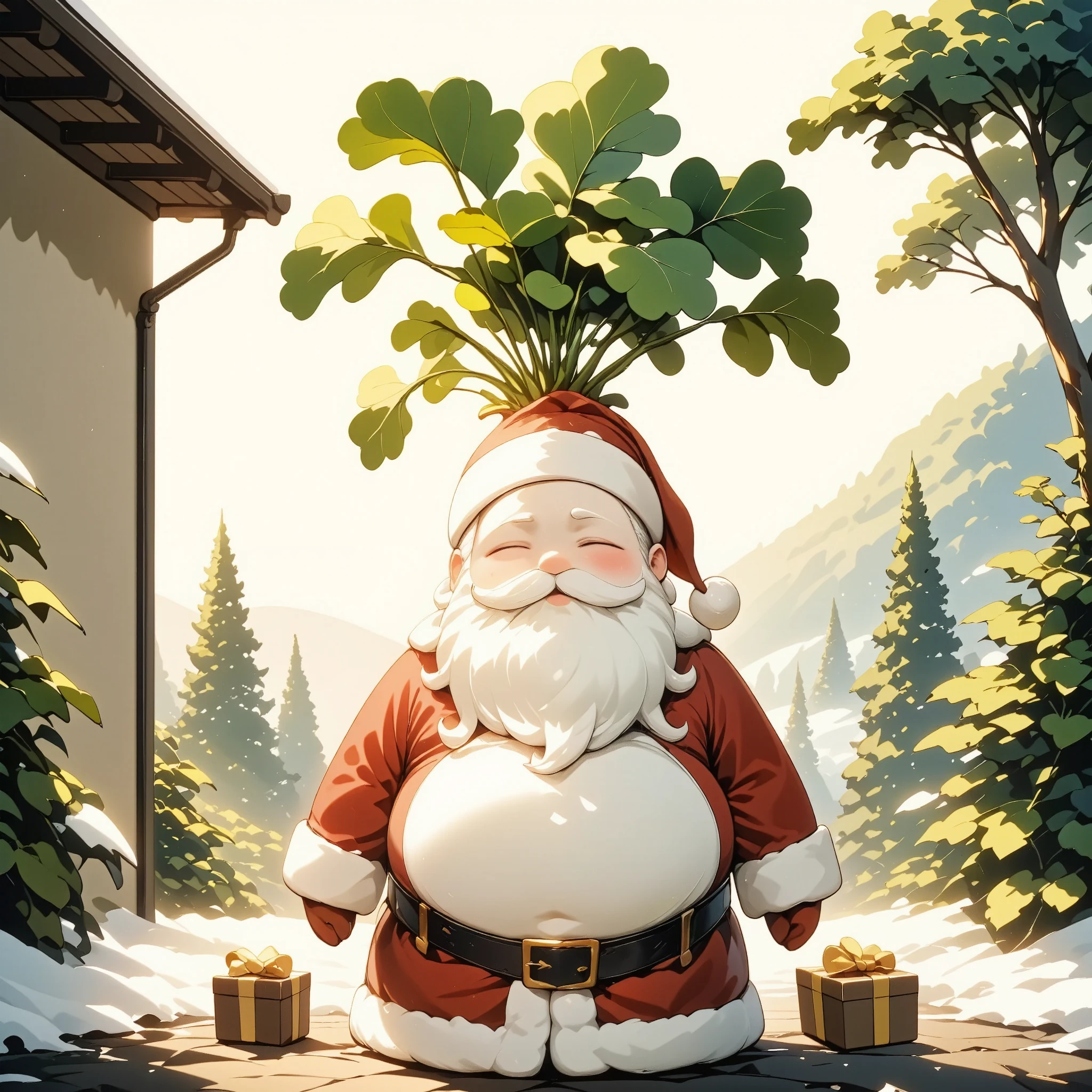 A living Daikon radish dressed as Santa Claus, Universe, Beautiful sunlight shining through the trees in the garden, Stylish scenery of Bologna, European pastoral atmosphere, Very nice location, Anthropomorphic Daikon radish illustration, New snow, Illustration with a few descriptions like Alphonse Mucha's, Originality, Christmas illustration, city, A living Daikon, radish with a pretty face, Daikon radish with happy face, Gifts and Snowy Landscape, comune, white radish