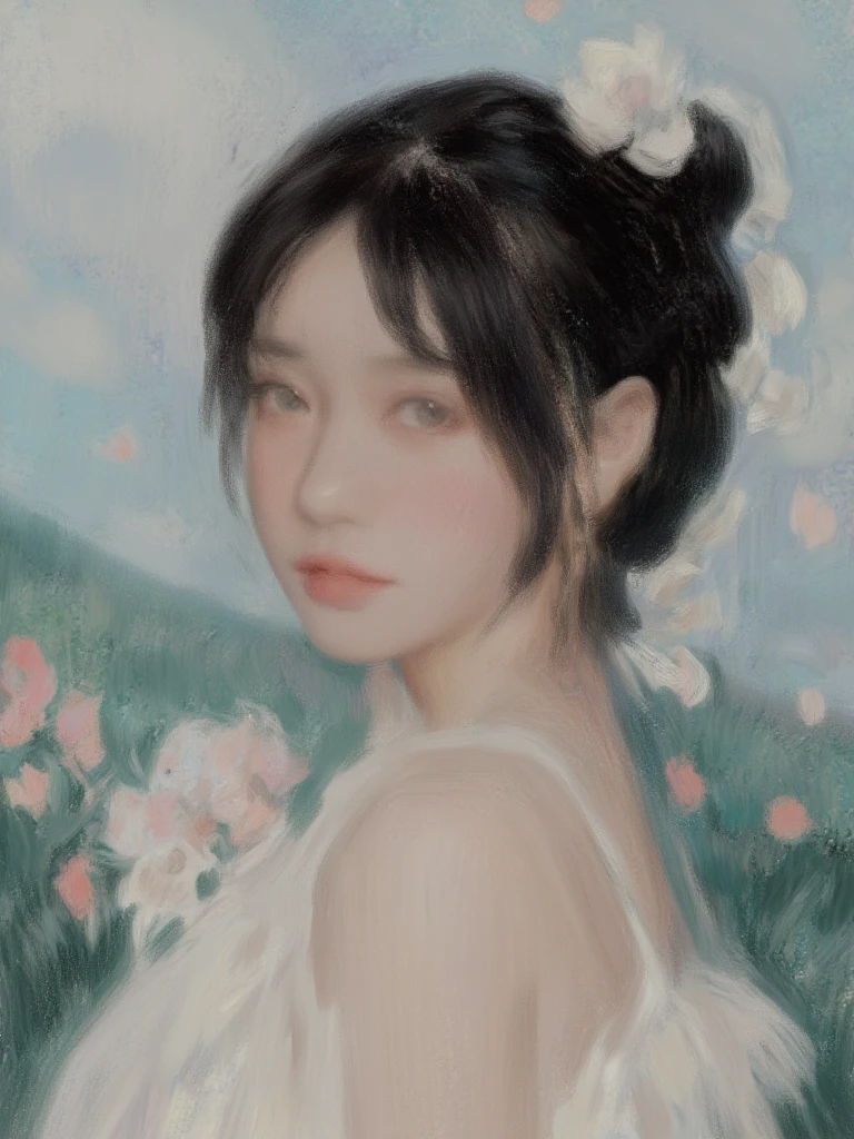 girl,An impressionistic painting style depicting the natural beauty of a chinese young girl, , semi-close-up