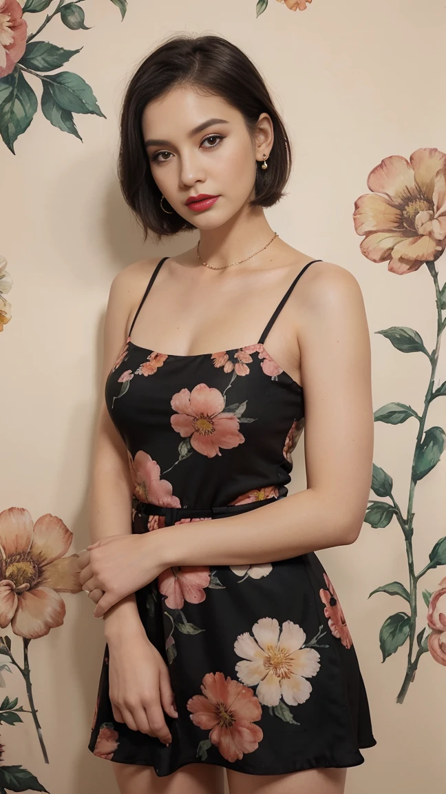 a white woman with short black hair, brown eyes, a beautiful face with slightly pink cheeks and a sweet look, with red lips, wearing a (pink dress) (dress with strawberries)
