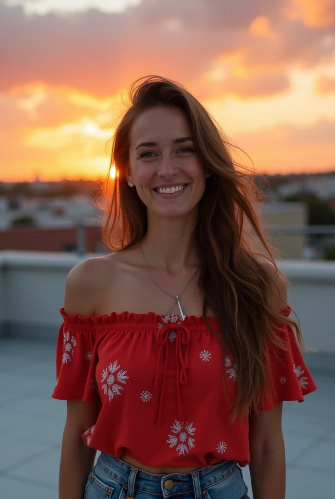 A pretty 20 years old italian girl, tan skin, light freckles, small tits, light dress with a sunset in background Cheveux Courts,