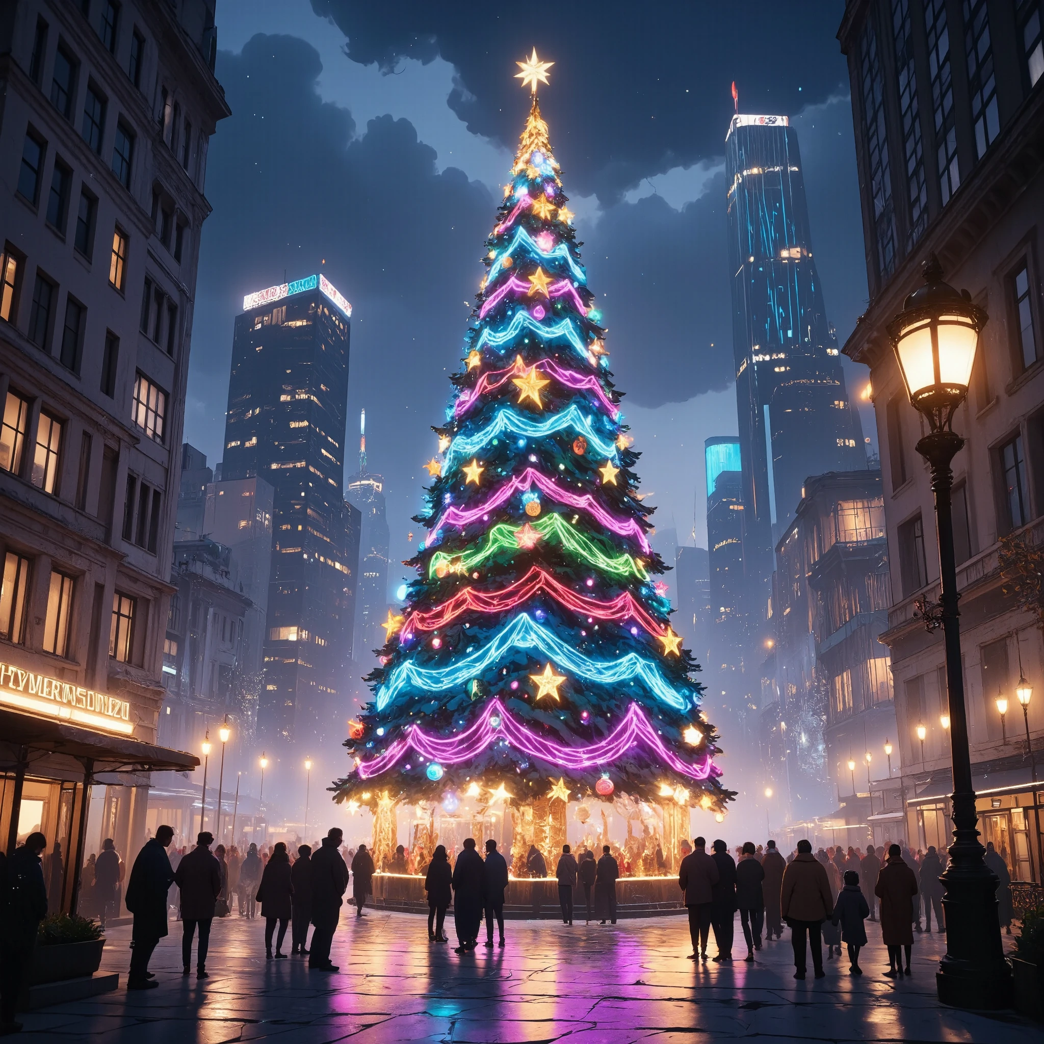 A cyberpunk christmas scenery, massive neon christmas tree, neon lights and laser image illumination, christmas decorations, futuristic, glowing, vibrant colors, moody lighting, intricate details, hyperrealistic, 8k, high quality, photorealistic, volumetric lighting, dynamic composition