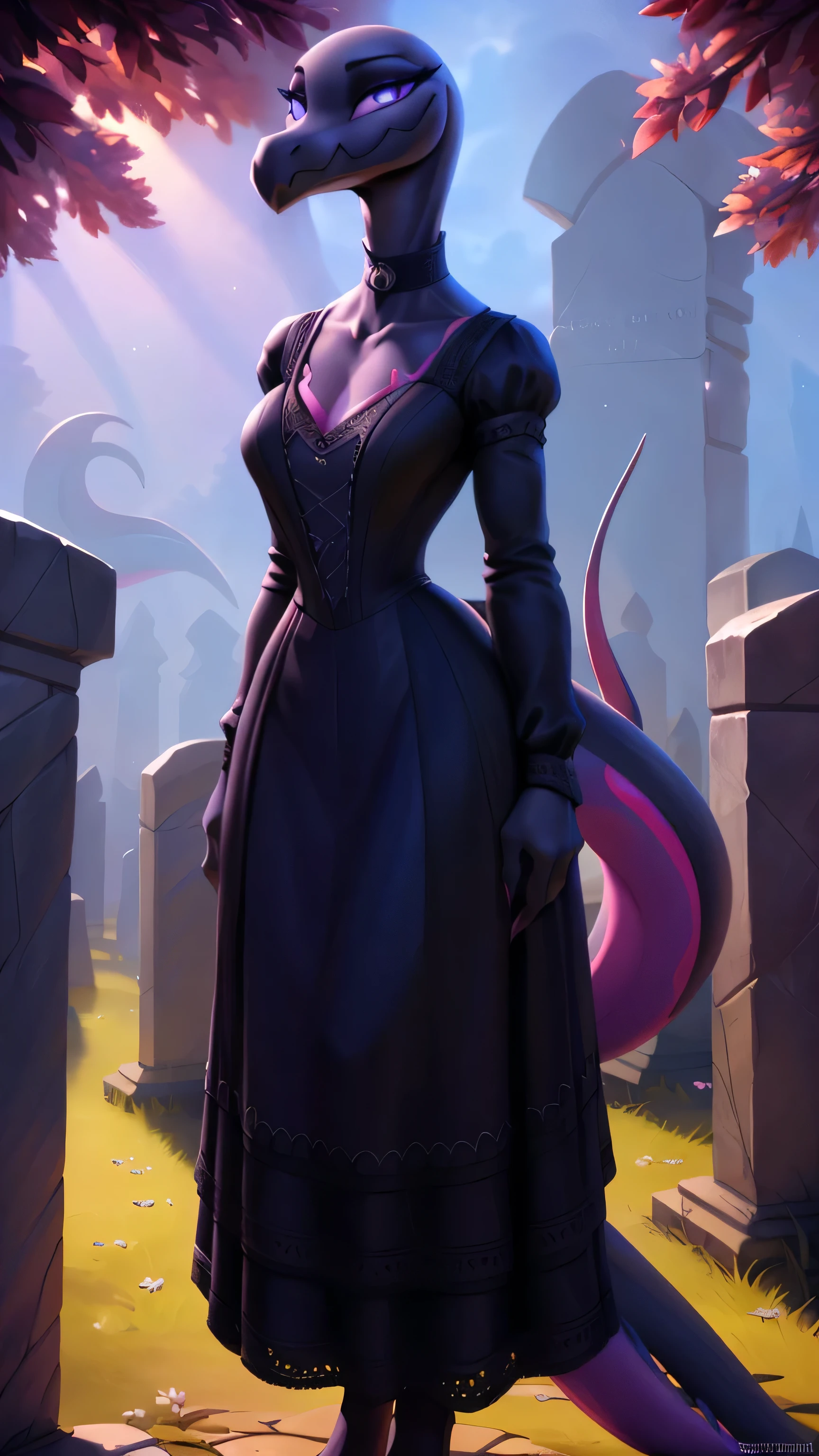 uploaded on e621, ((Salazzle)) by Pixelsketcher, by Bayard Wu, by Thomas Benjamin Kennington , by Einshelm, anthro, ((full body focus)), BREAK, ((dress:1.2)),wearing black victorian dress, long flowing dress, long sleeve victorian dress, dress flowing down past knees, black choker, (detailed Bonifasko lighting), (detailed scales), (detailed skin), (female Salazzle), BREAK, ((facing viewer)), (cinematic lighting), ((detailed background)), ((full body portrait view)), (((portrait view))), (half body shadow), [backlighting], [crepuscular ray], [detailed ambient light], [gray natural lighting], [ambient light on the belly], (higher wildlife feral detail), [sharp focus], (shaded), ((masterpiece), natural breasts, medium breasts, furry Salazzle, reptilian face, furry Fantasy Art, furry Art, Commission for High Res, anthro Art, POV furry Art,Sakimichan beautiful, masterpiece, best quality, detailed image, bright colors, detailed face, perfect lighting, perfect shadows, perfect eyes, girl focus, purple eyes, flawless face, reptilian girl, scales, scaled woman, colorful scales, gaze at the viewer, half-closed eyes, 1girl, full body, (masterpiece:1.21), (best quality:1.2), (illustration:1.2), (cinematic lighting:1.3), detailed scales, balanced coloring, global illumination, ray tracing, good lighting, scales, anthro, looking at viewer, short neck, (full body shot of woman in graveyard), submissive, outside, graveyard, (woman standing outside, woman standing in graveyard, woman next to tombstones), hand on tombstone, claws, (intricate details:1.12), (intricate details, hyperdetailed:1.15), hdr, outside, (daytime:1.2), warm light, dramatic light, cinematic, (full body:1.2), slight smile, blushing, ((black victorian dress, standing up, posing seductively, slight smile, full victorian dress, dress covering whole body))