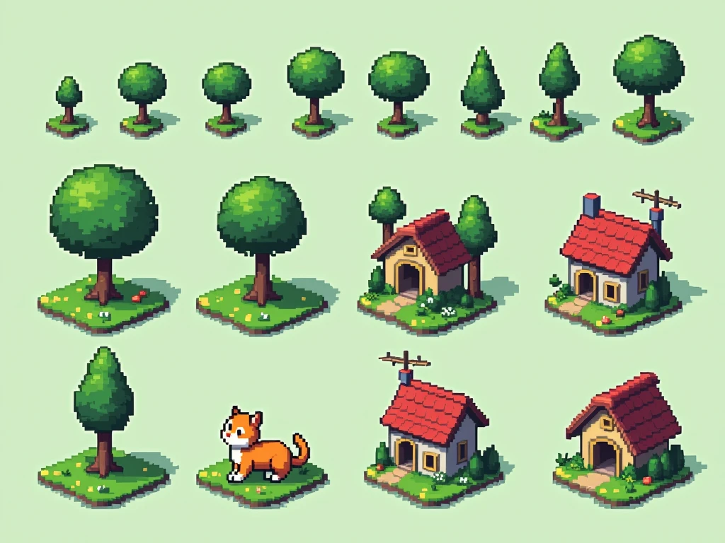  image of a 32-bit pixel art tile set for a 2D platform game.  where it must contain 2 tree models ,  2 house models , Grassy floor .
 a 2D platform game , Just like in the game Super Mario World .  maintain the body proportions of a real cat  