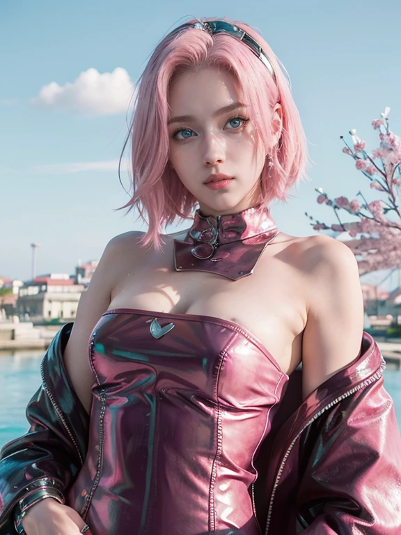 young woman, short shoulder-length pink hair, wide forehead, porcelain skin, pink eyebrows, big emerald green eyes, buttoned nose, full lips, heart-shaped face, slender body, small breasts, leather military green clothing, Sakura Haruno , realistic, Realism, details, 3d, well detailed.
