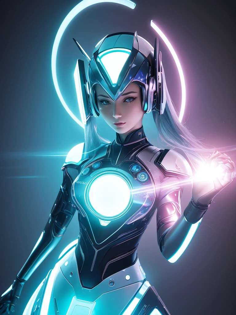 From within the vortex of light、Enter with your fist raised、A female alien with a silver body and red lines、Female Ultraman、The body is transparent