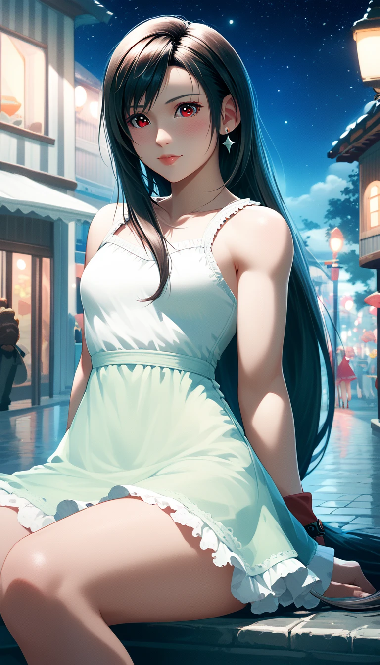  Tifa Lockhart , mksks style, ( Very Detailed Background :1.0), (  very detailed background:1.0),  Final Fantasy VII Remake , ( red eyes),  One girl , Bare shoulders, Princess Dress,  black hair, Green Dress,  sleeveless  dress ,  sundress, Home,  long hair,   knight ,   knight  null,   open mouse,  outdoors on the street at night,  ponytail,  sitting, null,  sleeveless ,  sleeveless  dress, star (null), starry null, town,  make you look younger,  small breasts, ((White frills)), (white dress), 