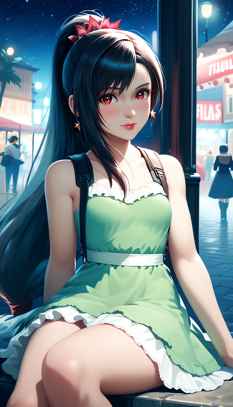  Tifa Lockhart , mksks style, ( Very Detailed Background :1.0), (  very detailed background:1.0),  Final Fantasy VII Remake , ( red eyes),  One girl , Bare shoulders, Princess Dress,  black hair, Green Dress,  sleeveless  dress ,  sundress, Home,  long hair,   knight ,   knight  null,   open mouse,  outdoors on the street at night,  ponytail,  sitting, null,  sleeveless ,  sleeveless  dress, star (null), starry null, town,  make you look younger,  small breasts, ((White frills)), (white dress), 