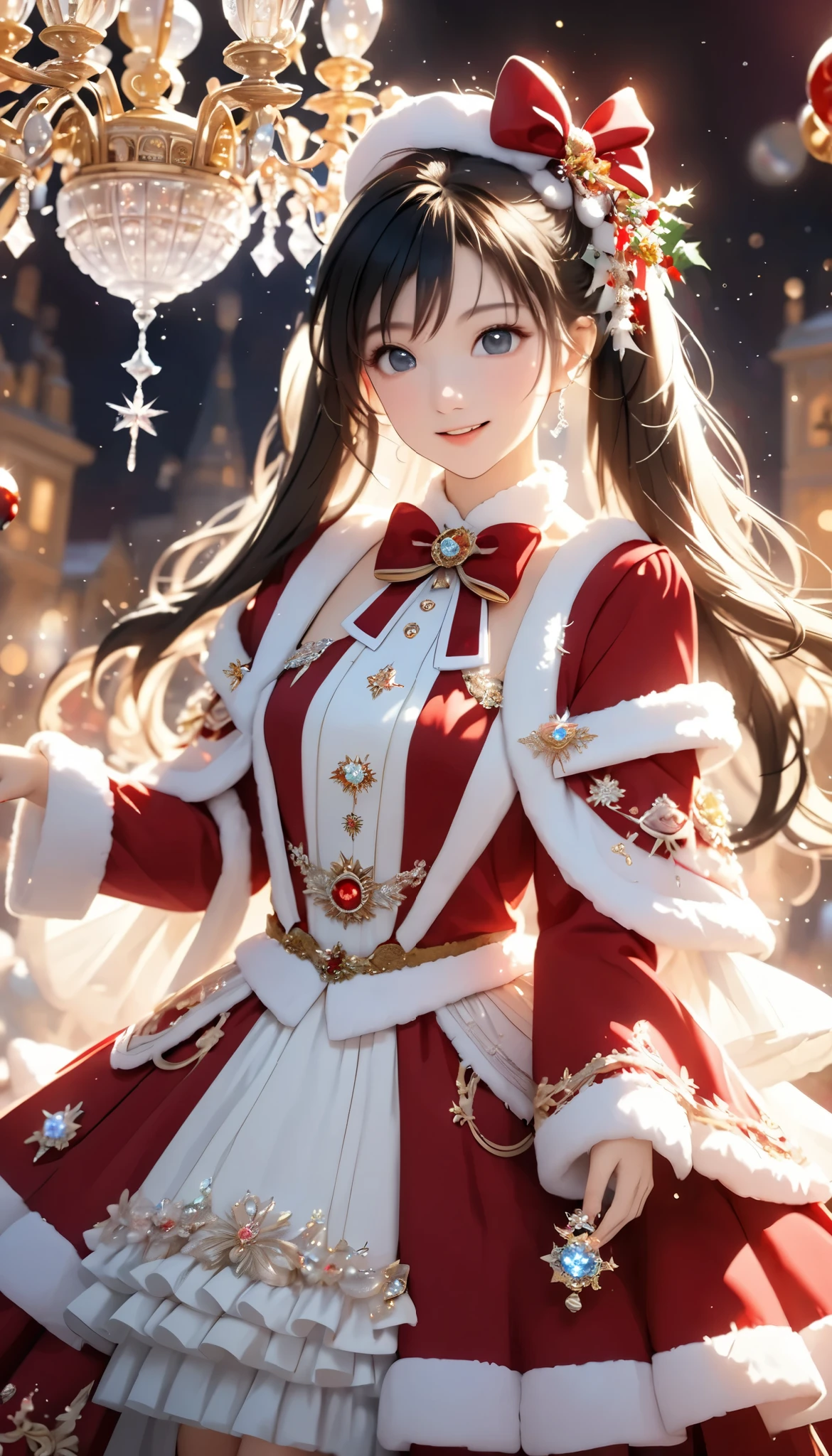 Dramatic composition, Court dress, Royal, christmas outfit, nice, Cascading Ruffles, Raffle, bow, Crystal Chandelier , Swirl Hairstyles, Place, drill-like double ponytail , camera , bangs, Maximalism , Palace-like background, Delicate depiction of hair and eyes, Princess Dress , nice skirts, Flowers in hands, (christmas outfit:1.4), smile, Starry Eyes, Cinematic Light, Extremely detailed, High Definition , happy girl , long hair, diamond with s, broken diamond with s, Crystal Fragment, Particles of light