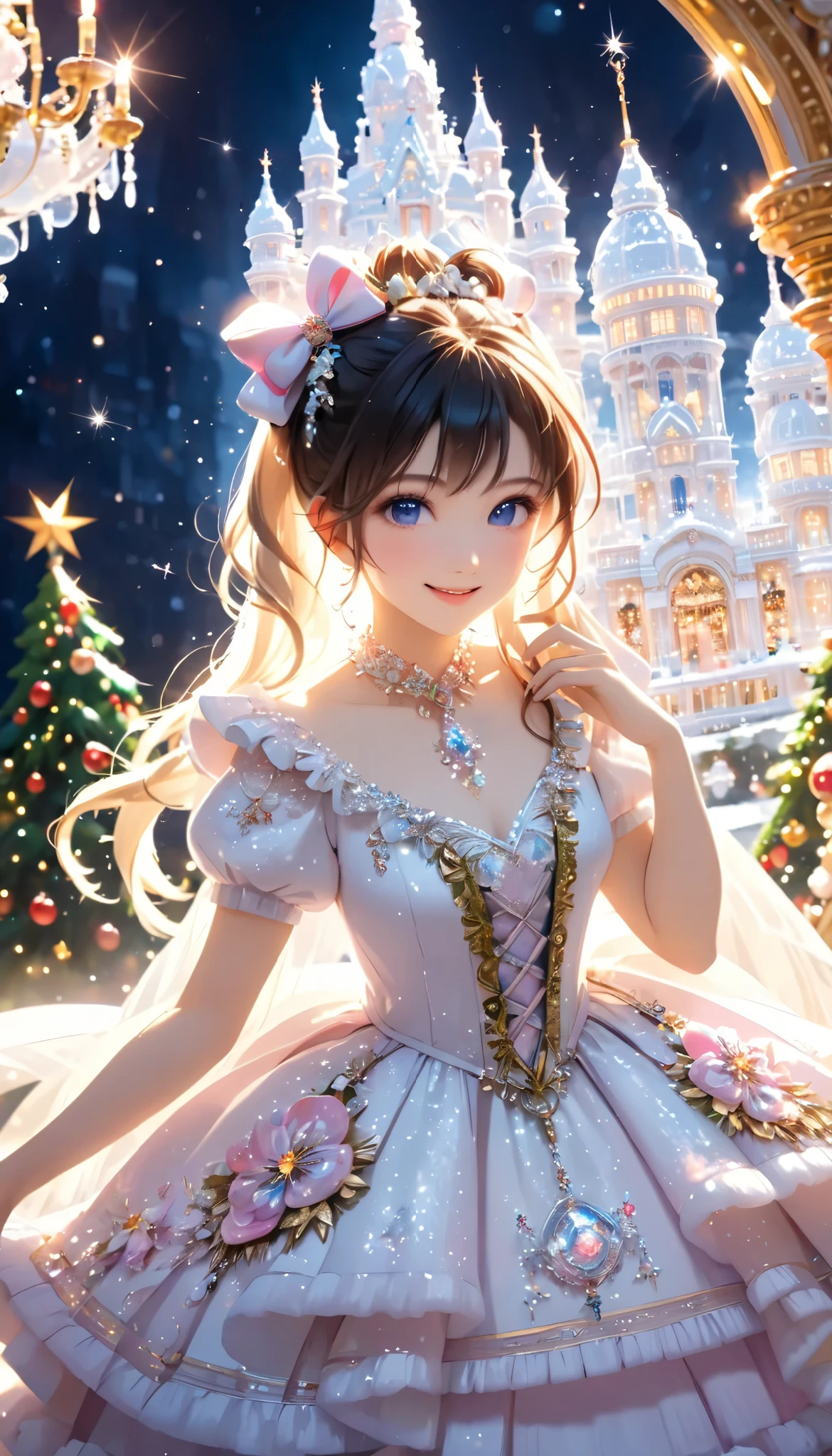 Dramatic composition, Court dress, Royal, christmas outfit, nice, Cascading Ruffles, Raffle, bow, Crystal Chandelier , Swirl Hairstyles, Place, drill-like double ponytail , camera , bangs, Maximalism , Palace-like background, Delicate depiction of hair and eyes, Princess Dress , nice skirts, Flowers in hands, (christmas outfit:1.4), smile, Starry Eyes, Cinematic Light, Extremely detailed, High Definition , happy girl , long hair, diamond with s, broken diamond with s, Crystal Fragment, Particles of light