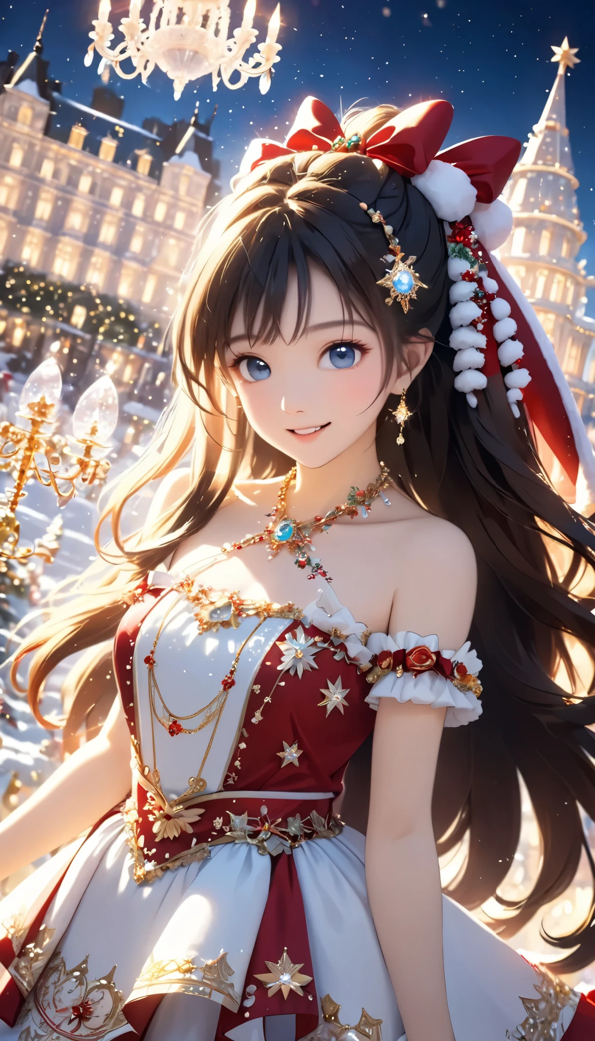 Dramatic composition, Court dress, Royal, christmas outfit, nice, Cascading Ruffles, Raffle, bow, Crystal Chandelier , Swirl Hairstyles, Place, drill-like double ponytail , camera , bangs, Maximalism , Palace-like background, Delicate depiction of hair and eyes, Princess Dress , nice skirts, Flowers in hands, (christmas outfit:1.4), smile, Starry Eyes, Cinematic Light, Extremely detailed, High Definition , happy girl , long hair, diamond with s, broken diamond with s, Crystal Fragment, Particles of light