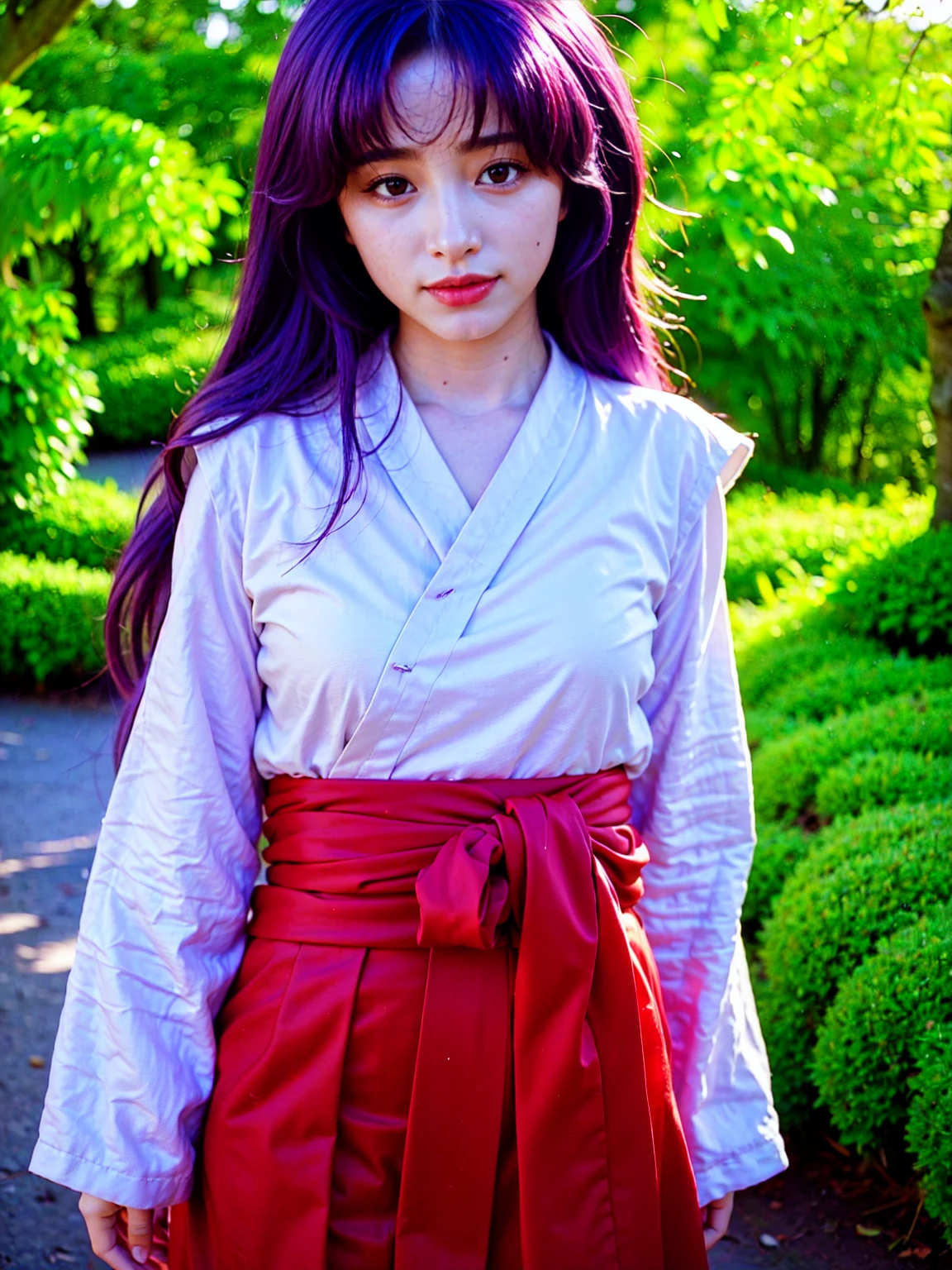 ((masterpiece, best quality)),high resolution,ultra detailed,8k,16k,detailed background, perfect lighting, 1girl,solo,look at viewer,hanyuu,purple hair,purple eyes,very long hair,horn,forest,red hakama,miko,medium breast