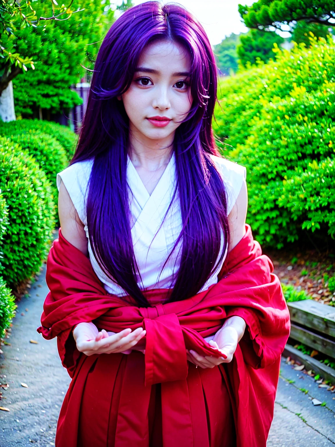 ((masterpiece, best quality)),high resolution,ultra detailed,8k,16k,detailed background, perfect lighting, 1girl,solo,look at viewer,hanyuu,purple hair,purple eyes,very long hair,horn,forest,red hakama,miko,medium breast