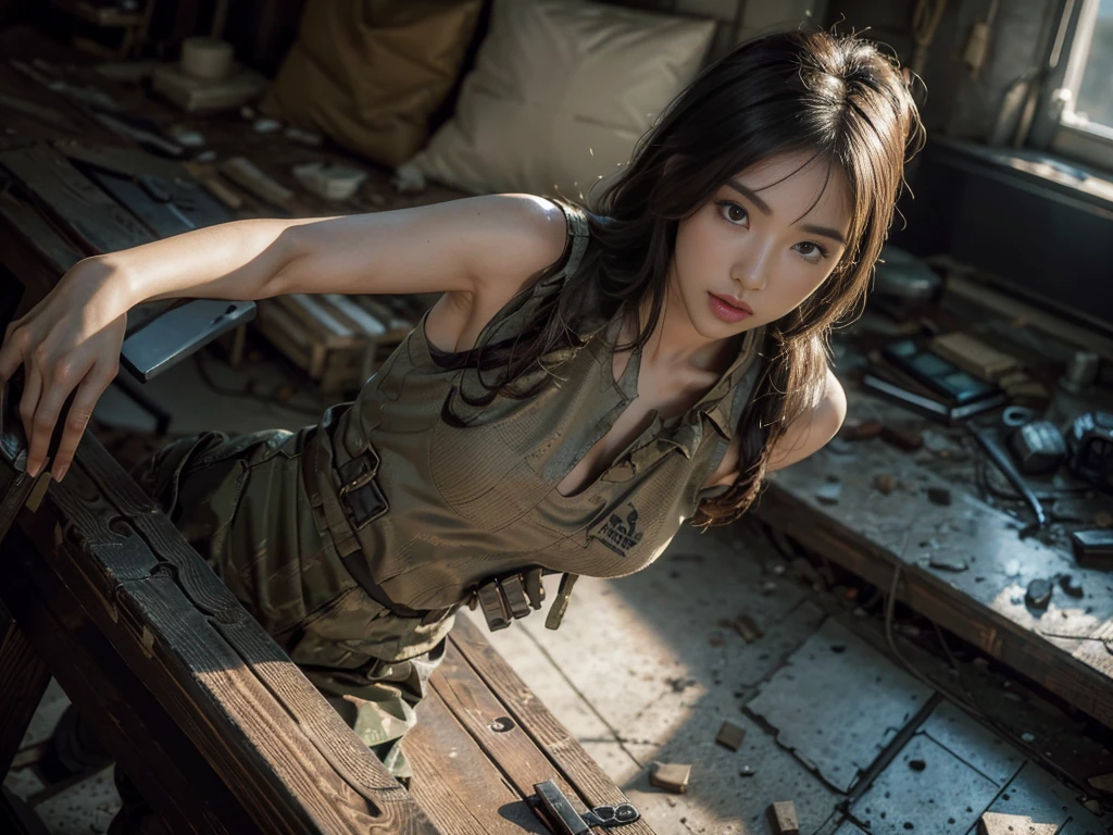 beautiful teenager, vistiendo soldier uniform de la segunda guerra mundial, Whole body, small breasts, beautiful face, war nurse, soldier uniform. Walking in the middle of a war, High quality ultra-realistic image, masterpiece, HD,